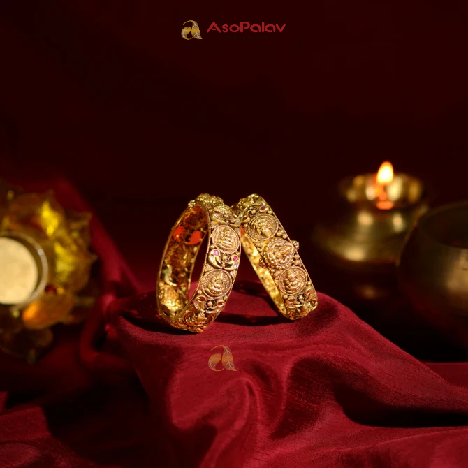 22K Temple Gold Bangles with Ruby Pota Sacred Motifs